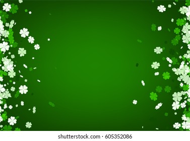 Green Saint Patrick's day background with four-leaved shamrocks. Vector illustration.