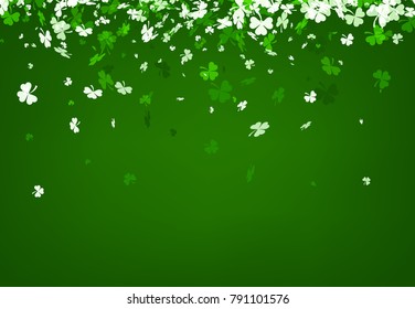 Green Saint Patrick's day background with three-leaved shamrocks. Vector illustration.