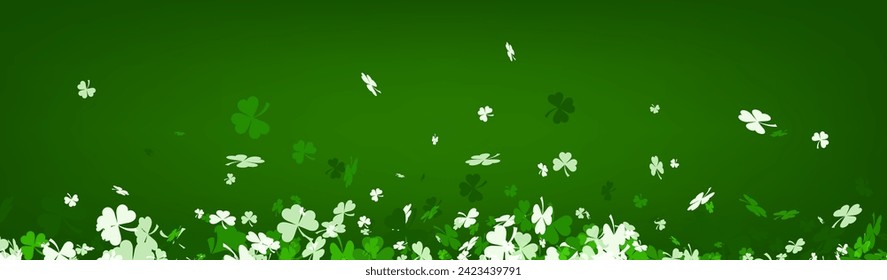 Green Saint Patrick's day banner with three-leaved shamrocks. Vector illustration.