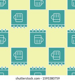 Green Saint Patricks day with calendar icon isolated seamless pattern on yellow background. Four leaf clover symbol. Date 17 March.  Vector Illustration