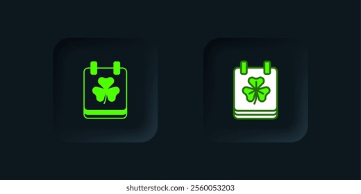 Green Saint Patricks day with calendar icon isolated on black background. Date 17 March. Black square button. Vector