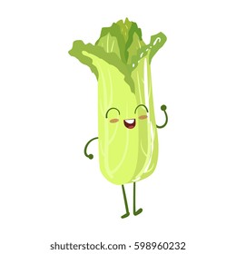 Green Salad Cute Anime Humanized Smiling Cartoon Vegetable Food Character Emoji Vector Illustration