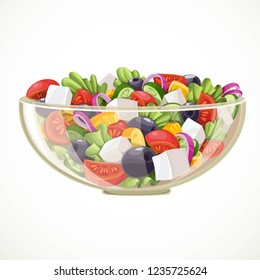 Green salad of fresh vegetables in a transparent salad bowl object isolated on a white background