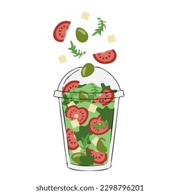 Green salad of fresh vegetables in a transparent salad cup n a white background