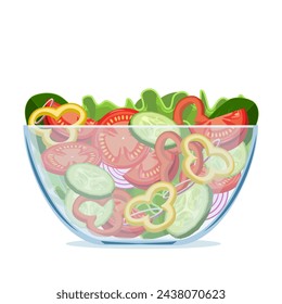 Green salad of fresh vegetables in a transparent salad bowl object isolated on a white background. Vector illustration in flat style