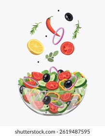 Green salad of fresh vegetables in a transparent salad bowl. Vector flat cartoon illustration