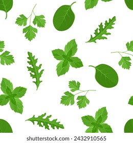 Green salad leaf background. Seamless pattern with arugula, spinach, parsley and mint leaves. Vector cartoon flat illustration. 