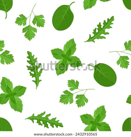 Green salad leaf background. Seamless pattern with arugula, spinach, parsley and mint leaves. Vector cartoon flat illustration. 