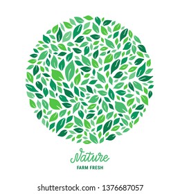 Green salad leaves circle pattern. Nature hand drawn lettering text inscription. Colourful ecologic background. Healthy meal plant-based concept. Vector EPS 10 illustration