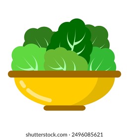 Hojas de ensalada verde dentro del tazón amarillo para una alimentación saludable. Icono de fondo transparente de Vector editable EPS para alimentos ricos en fibra vegetal orgánica.