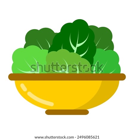 Green salad leaves inside yellow bowl for healthy diet food nutrition. EPS editable vector transparent background icon for organic vegetable fiber rich food.