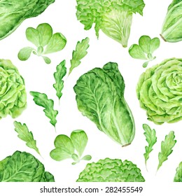 Green Salad Leaves Vector Watercolor Seamless Pattern