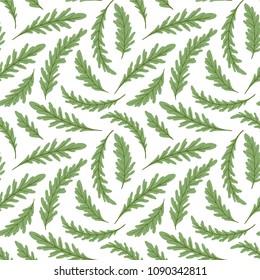 Green salad repeated background. Seamless pattern with fresh green leaves of ruccola (arugula, rocket salad). Vector illustration.