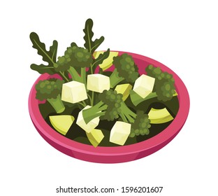 Green Salad Served in Deep Bowl with Greenery and Soft Cheese Vector Illustration