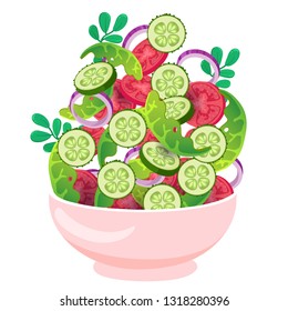 green salad vector illustration isolated on white background, pieces of tomatoes, cucumbers, onion rings, lettuce