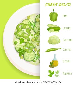 Green salad of vegetables. Appetizer recipe from green ingredients. Banner on the theme of healthy and wholesome nutrition. Flat lay. Vector illustration.