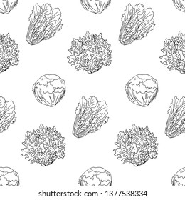 Green salads and leaves seamless pattern. Hand drawn sketched lettuce. 