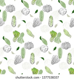 Green salads and leaves seamless pattern. Hand drawn sketched lettuce. 