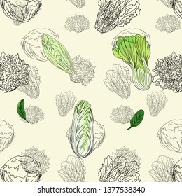 Green salads and leaves seamless pattern. Hand drawn sketched lettuce. 