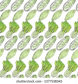 Green salads and leaves seamless pattern. Hand drawn sketched lettuce. 