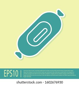 Green Salami sausage icon isolated on yellow background. Meat delicatessen product.  Vector Illustration