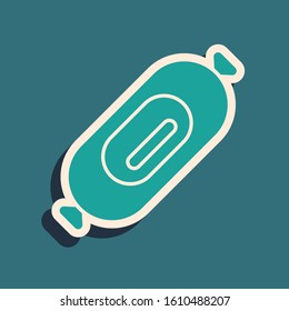 Green Salami sausage icon isolated on blue background. Meat delicatessen product. Long shadow style. Vector Illustration