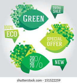 Green sale design elements. Abstract triangle shapes with leaves ant text