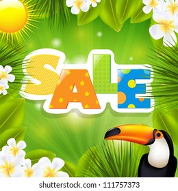 Green Sale Poster With Tropical Elements, Vector Illustration
