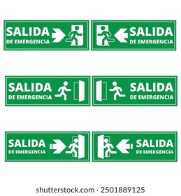 Green salida de emergencia signs on a white background with copy space (trad. emergency exit)