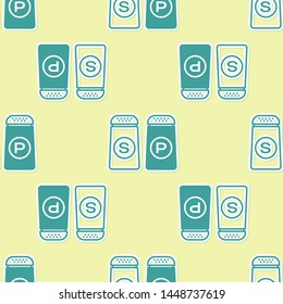 Green Salt and pepper icon isolated seamless pattern on yellow background. Cooking spices.  Vector Illustration