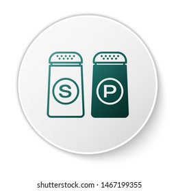 Green Salt and pepper icon isolated on white background. Cooking spices. White circle button. Vector Illustration