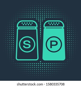 Green Salt and pepper icon isolated on blue background. Cooking spices. Abstract circle random dots. Vector Illustration