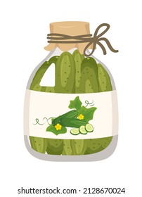 Green salty canned pickled cucumbers in a closed glass jar. Ready meal, tasty snack. Vector flat illustration