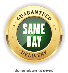 Green same day delivery badge with gold border