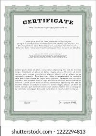 Green Sample Certificate. Cordial design. Detailed. With great quality guilloche pattern. 