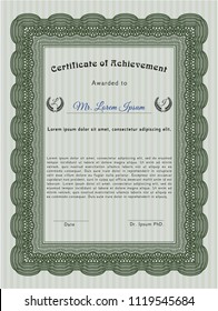 Green Sample certificate or diploma. Artistry design. Vector illustration. With guilloche pattern and background. 