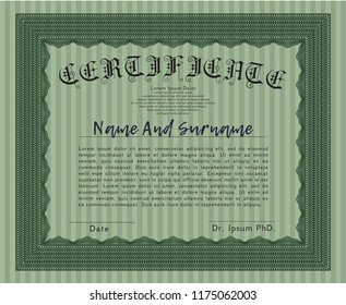 Green Sample certificate or diploma. Artistry design. Vector illustration. With background. 