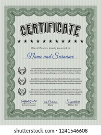 Green Sample certificate or diploma. With background. Artistry design. Vector illustration. 