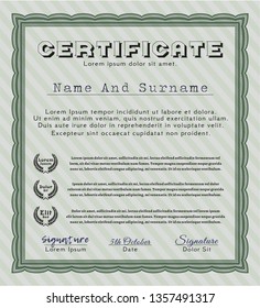 Green Sample certificate or diploma. With background. Customizable, Easy to edit and change colors. Nice design. 