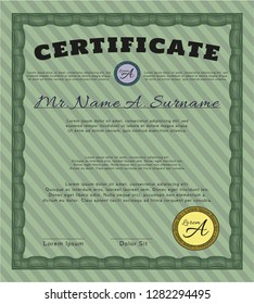 Green Sample certificate or diploma. Beauty design. Customizable, Easy to edit and change colors. With guilloche pattern and background. 