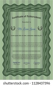 Green Sample certificate or diploma. With complex background. Beauty design. Vector illustration. 