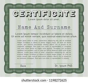 Green Sample certificate or diploma. With complex background. Cordial design. Vector illustration. 