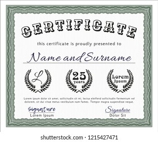 Green Sample certificate or diploma. With complex linear background. Good design. Vector illustration. 