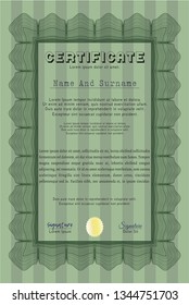 Green Sample certificate or diploma. With complex background. Lovely design. Vector illustration. 