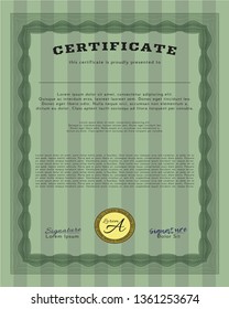 Green Sample certificate or diploma. With complex linear background. Superior design. Vector illustration. 