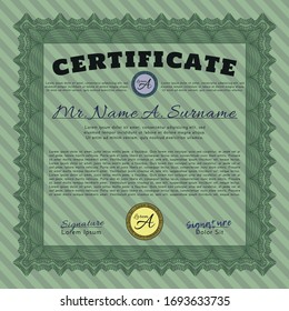 Green Sample certificate or diploma. With complex linear background. Lovely design. Detailed. 