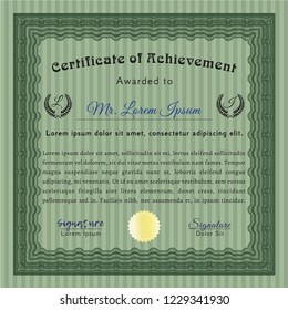 Green Sample certificate or diploma. Cordial design. With quality background. Vector illustration. 