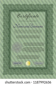 Green Sample certificate or diploma. Detailed. With great quality guilloche pattern. Sophisticated design. 