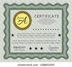 Green Sample certificate or diploma. Detailed. With quality background. Cordial design. 