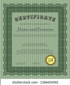 Green Sample certificate or diploma. Easy to print. Vector illustration. Lovely design. 